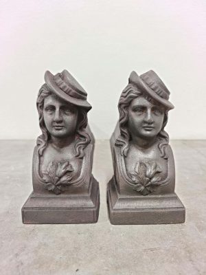Antique Andirons / Fire Dogs, Woman with Hat