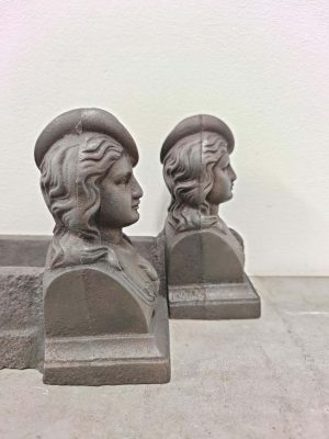 Antique Andirons / Fire Dogs, Woman with Hat