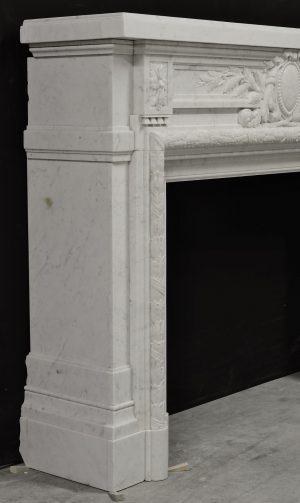 Monumental Antique French Fireplace Mantel in Carrara White Marble