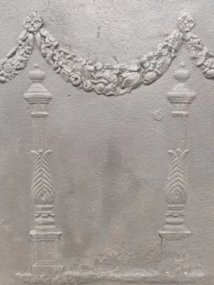 Antique Fireback / Backsplash, Two Pillars Beneath Draped Laurel Wreath