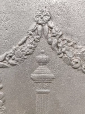 Antique Fireback / Backsplash, Two Pillars Beneath Draped Laurel Wreath